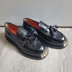 Sandro Black Leather Tassel Loafers with Gold Toe Accent
